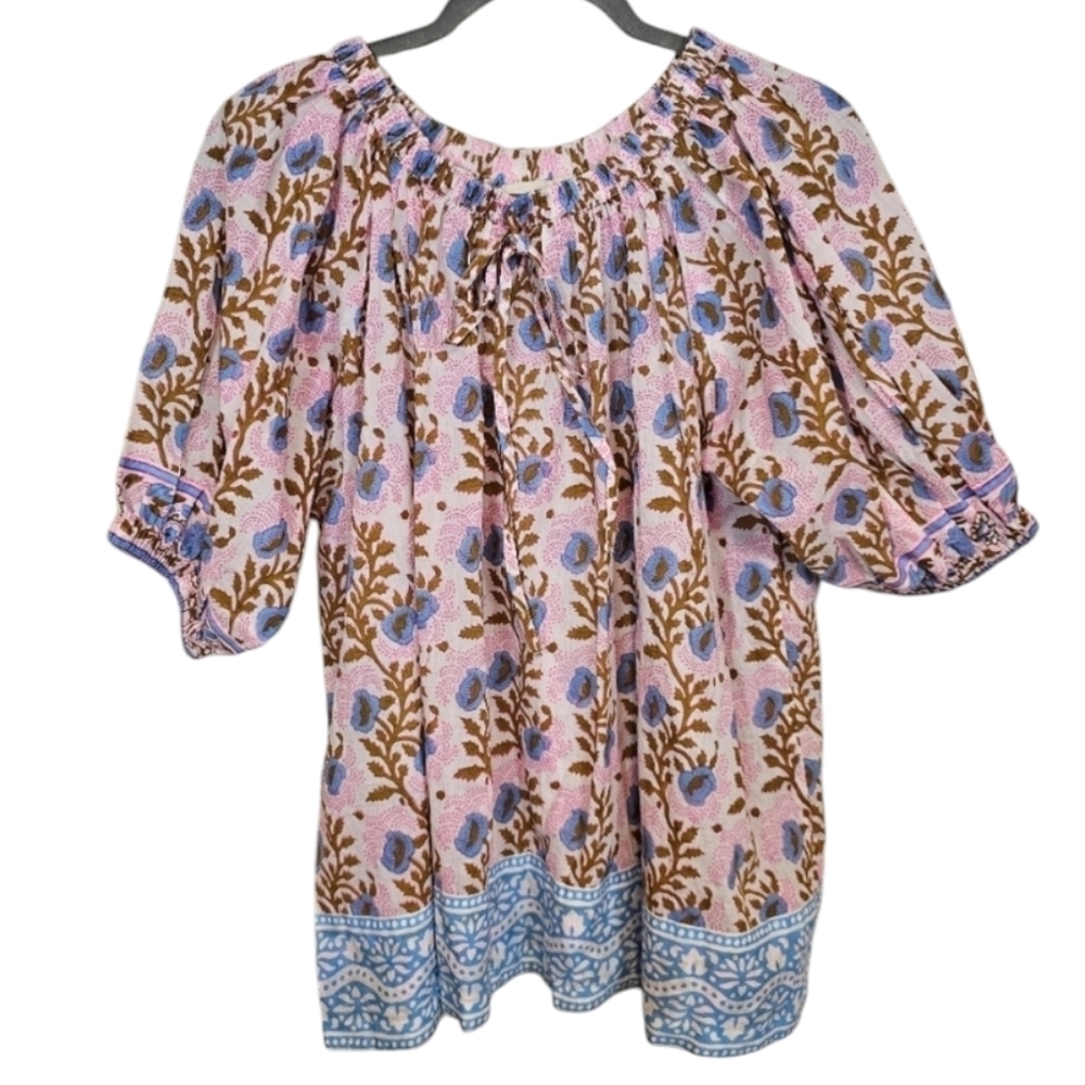 SZ BLOCKPRINTS Pink and Blue Women's Blouse